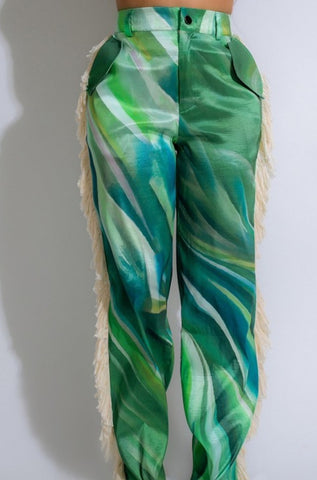 Kali green fringe pants